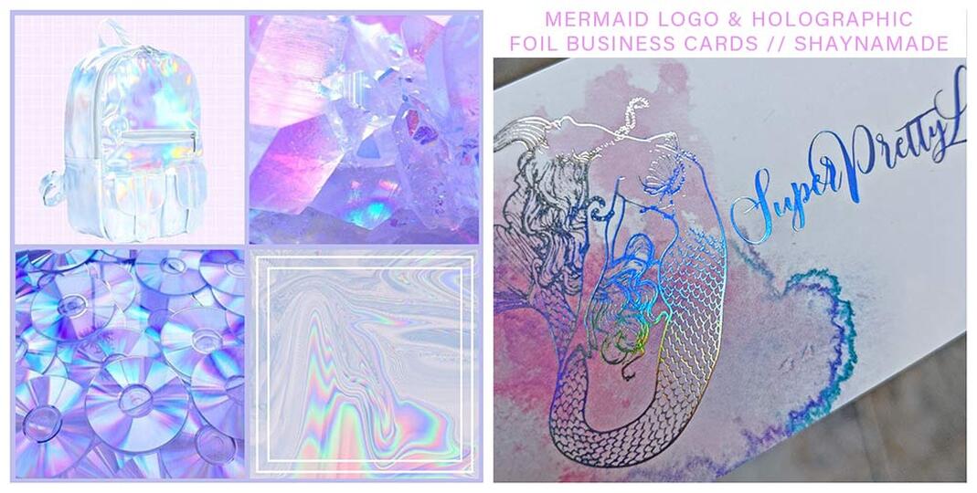 Hand drawn mermaid logo design. Holographic foil business cards for lash artist, Super Pretty lashes. 