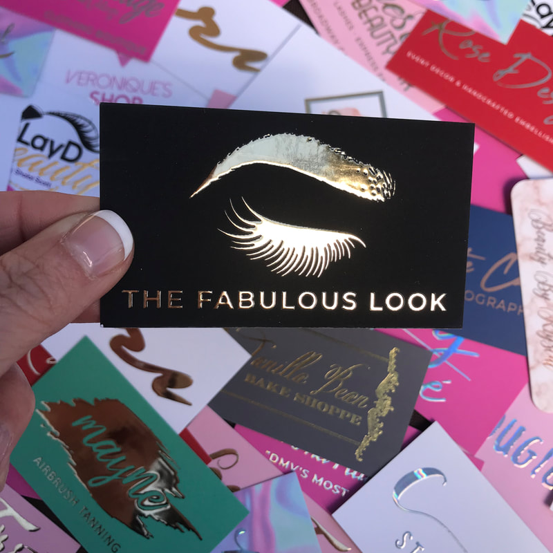 Beautiful eyebrow and eyelash business cards with a thick layer of gold foil applied. Super soft to the touch.