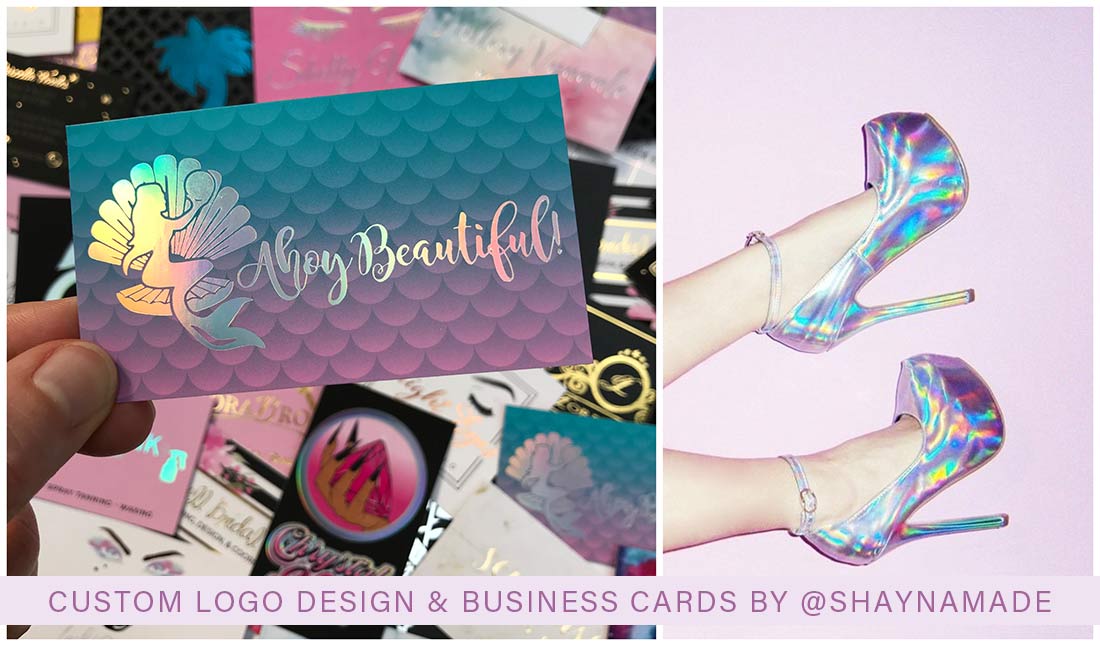 Mermaid business cards that are GORGEOUS. Mermaid scale background with rainbow holographic foil. Her logo is a mermaid sitting inside of a shell holding up a pearl. As you move these business cards in the light it reflects all the colors of the rainbow.