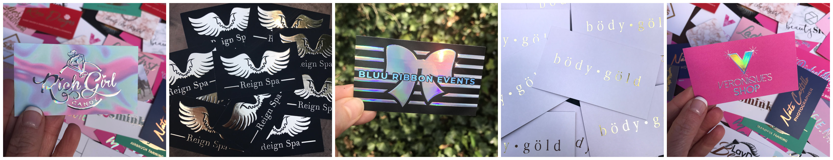 thick holographic foil that reflects all the colors of the rainbow. lots of business cards with raised foil. 