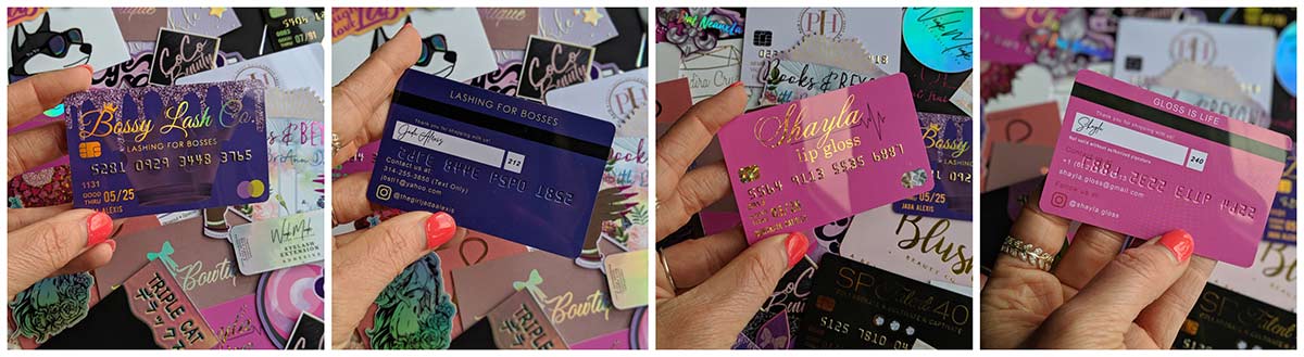 Purple and pink plastic credit card business cards. They are printed onto the glossiest pvc with touches of gold foil and raised numbers. www.shaynamade.com