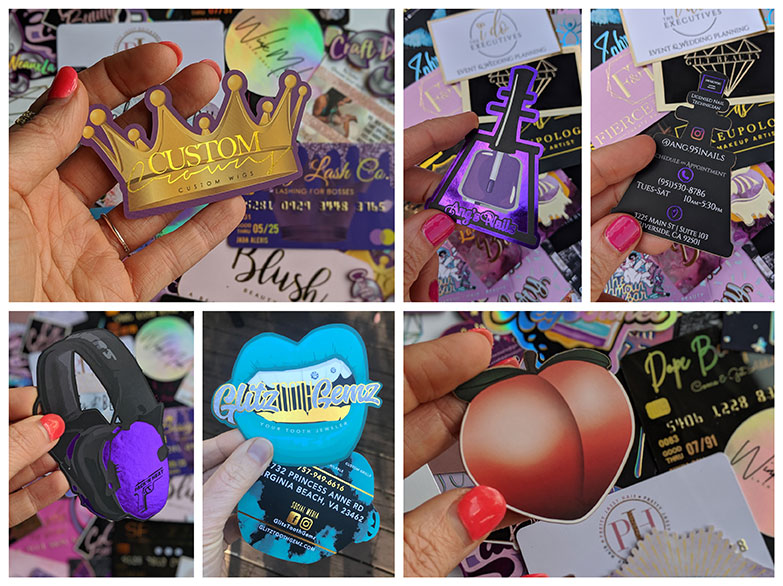 Crown shaped business cards with gold foil. Nail polish bottle business cards with purple foil. Headphones shape business cards with purple foil. Mouth shape business cards with gold foil. Peach Emoji shape business cards with holographic foil.